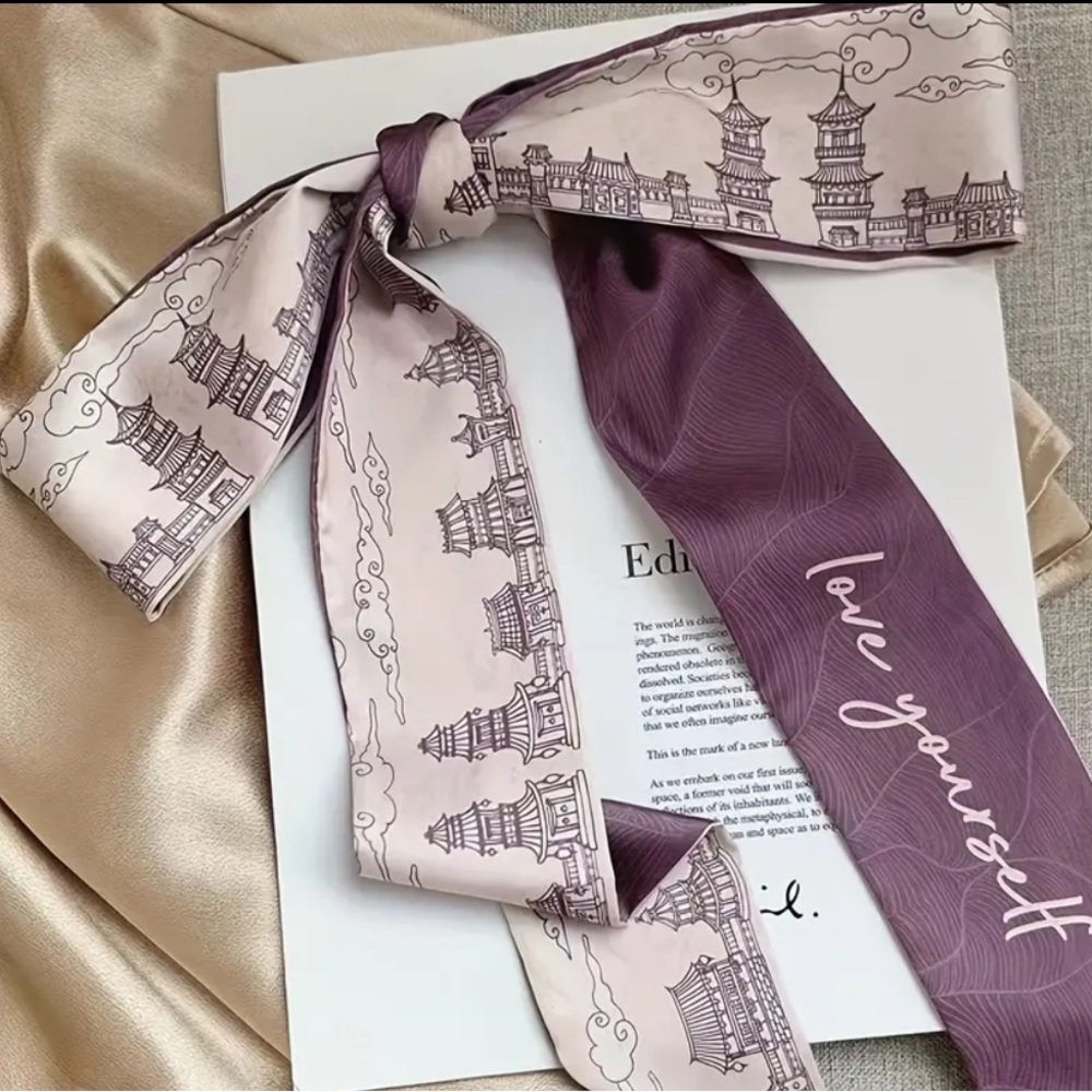 Purple & White Painted City Scape Silky Neck & Hair Bow Twilly Scarf